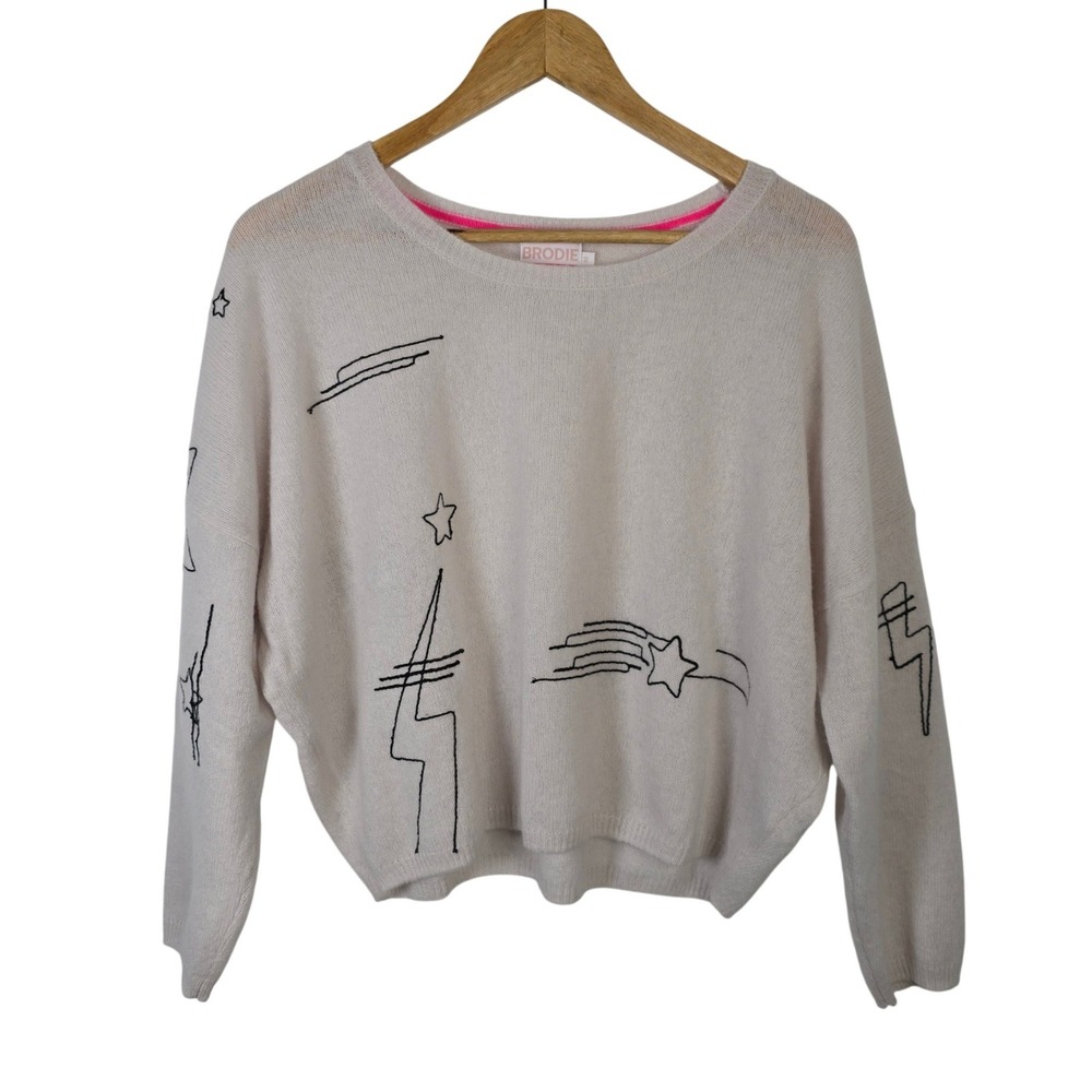 Brodie Cashmere Womens Medium Cream Embroidered Celestial Star Lightning Sweater